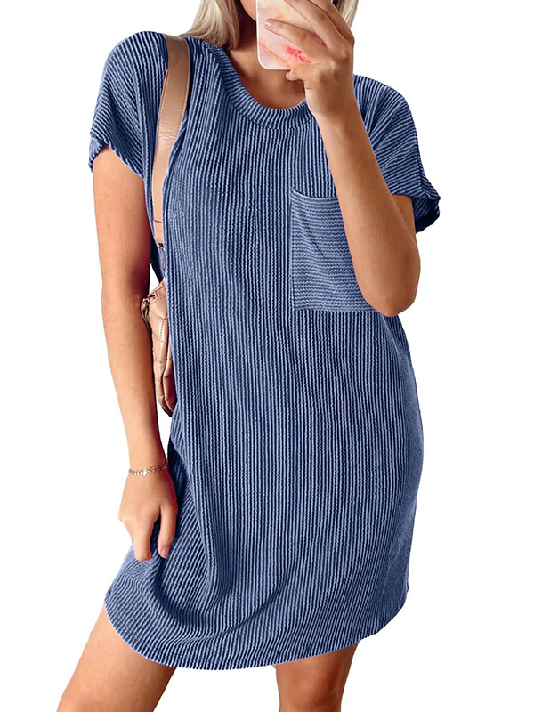 A-Line Loose Contrast Color Pockets Split-Joint Striped Round-Neck Mini Dresses - Image 22