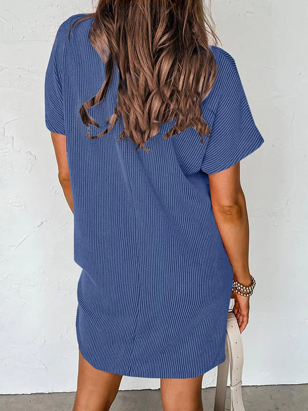 A-Line Loose Contrast Color Pockets Split-Joint Striped Round-Neck Mini Dresses - Image 23
