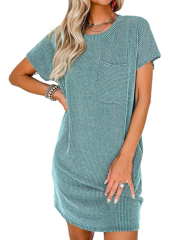A-Line Loose Contrast Color Pockets Split-Joint Striped Round-Neck Mini Dresses - Image 3