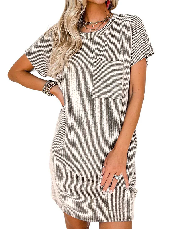 A-Line Loose Contrast Color Pockets Split-Joint Striped Round-Neck Mini Dresses - Image 4