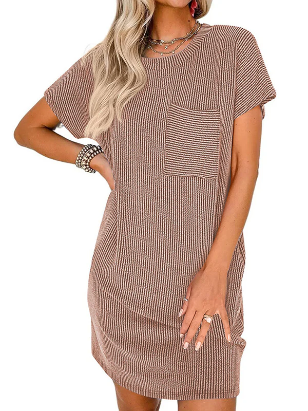 A-Line Loose Contrast Color Pockets Split-Joint Striped Round-Neck Mini Dresses - Image 5