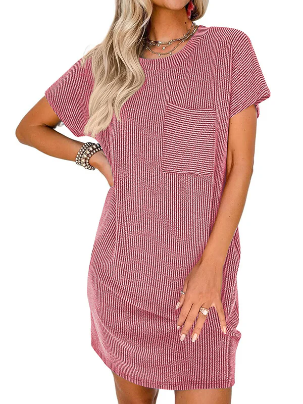A-Line Loose Contrast Color Pockets Split-Joint Striped Round-Neck Mini Dresses - Image 6