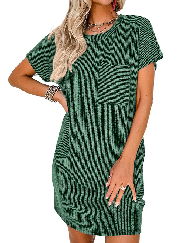 A-Line Loose Contrast Color Pockets Split-Joint Striped Round-Neck Mini Dresses - Image 7