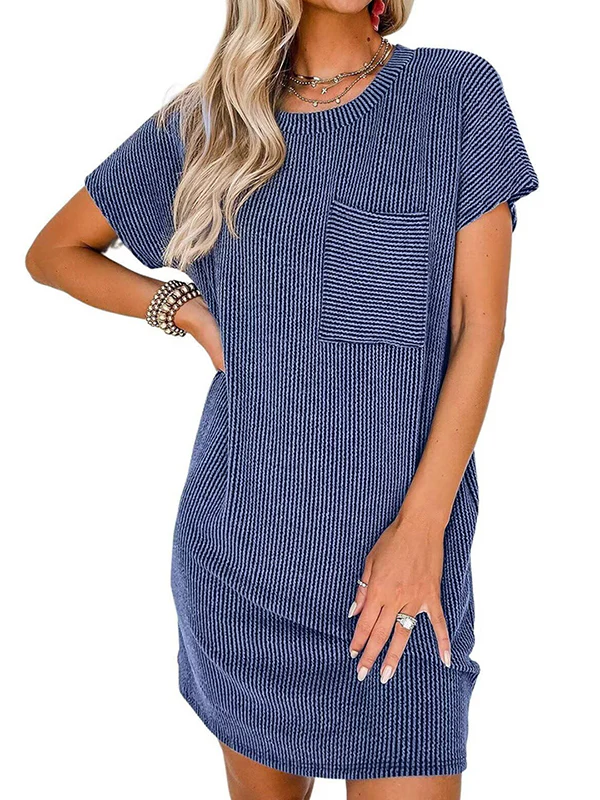 A-Line Loose Contrast Color Pockets Split-Joint Striped Round-Neck Mini Dresses - Image 8