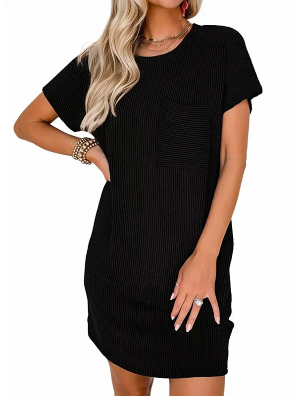A-Line Loose Contrast Color Pockets Split-Joint Striped Round-Neck Mini Dresses - Image 9