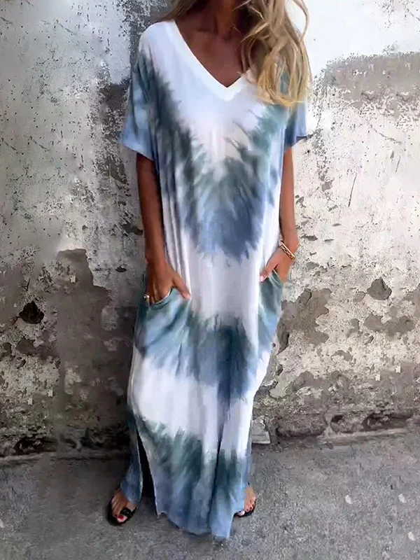 A-Line Loose Contrast Color Pockets Tie-Dyed V-Neck Maxi Dresses - Image 2