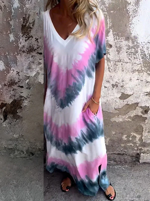 A-Line Loose Contrast Color Pockets Tie-Dyed V-Neck Maxi Dresses - Image 3