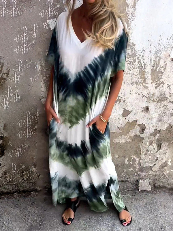 A-Line Loose Contrast Color Pockets Tie-Dyed V-Neck Maxi Dresses - Image 4
