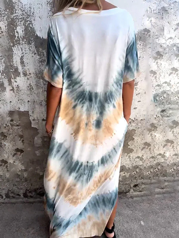A-Line Loose Contrast Color Pockets Tie-Dyed V-Neck Maxi Dresses - Image 5
