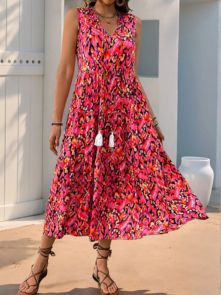 A-Line Loose Contrast Color Printed Split-Joint V-Neck Maxi Dresses - Image 11