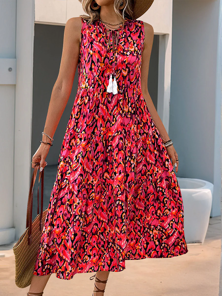 A-Line Loose Contrast Color Printed Split-Joint V-Neck Maxi Dresses - Image 13