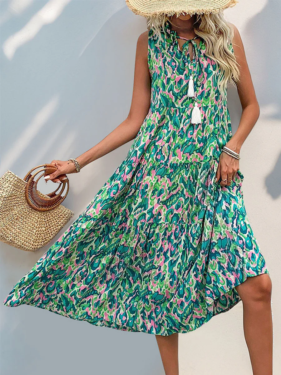 A-Line Loose Contrast Color Printed Split-Joint V-Neck Maxi Dresses - Image 16