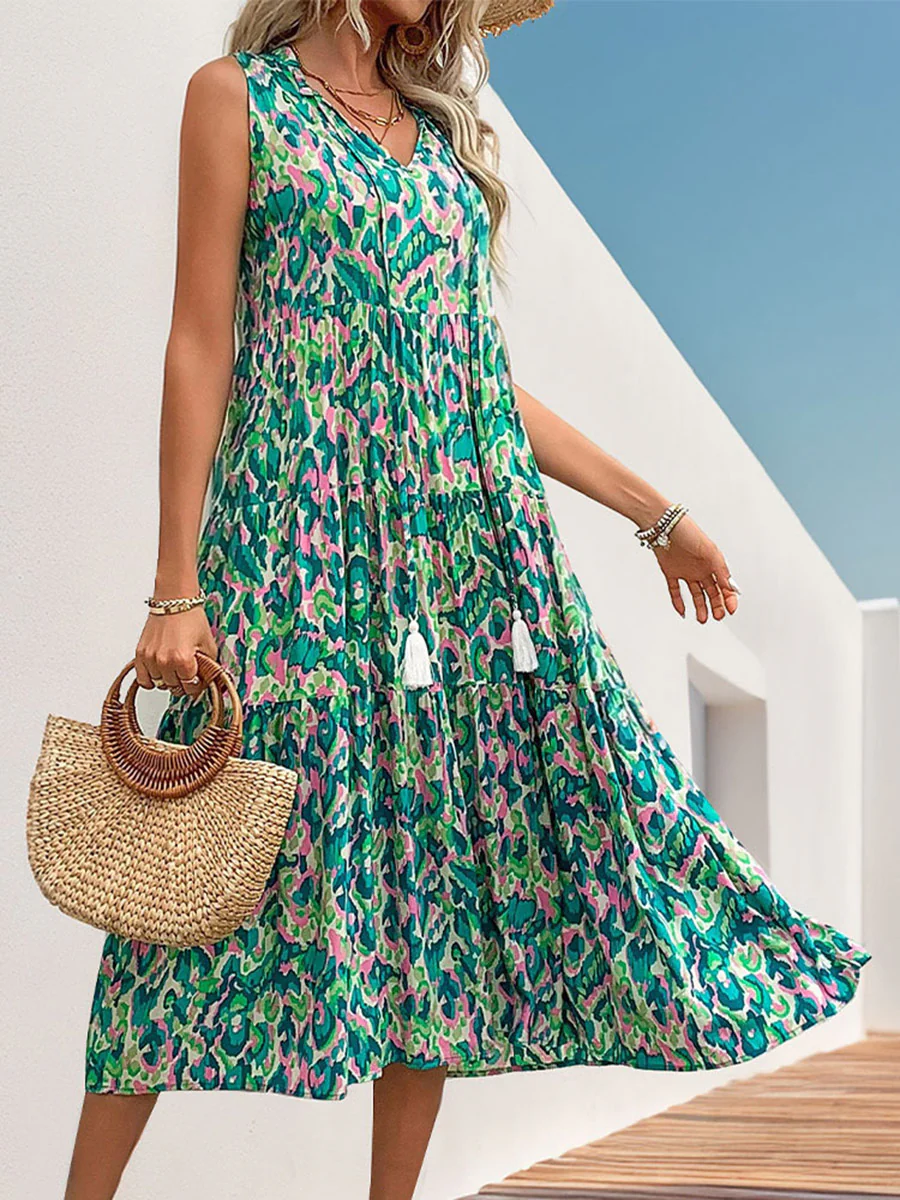 A-Line Loose Contrast Color Printed Split-Joint V-Neck Maxi Dresses - Image 18