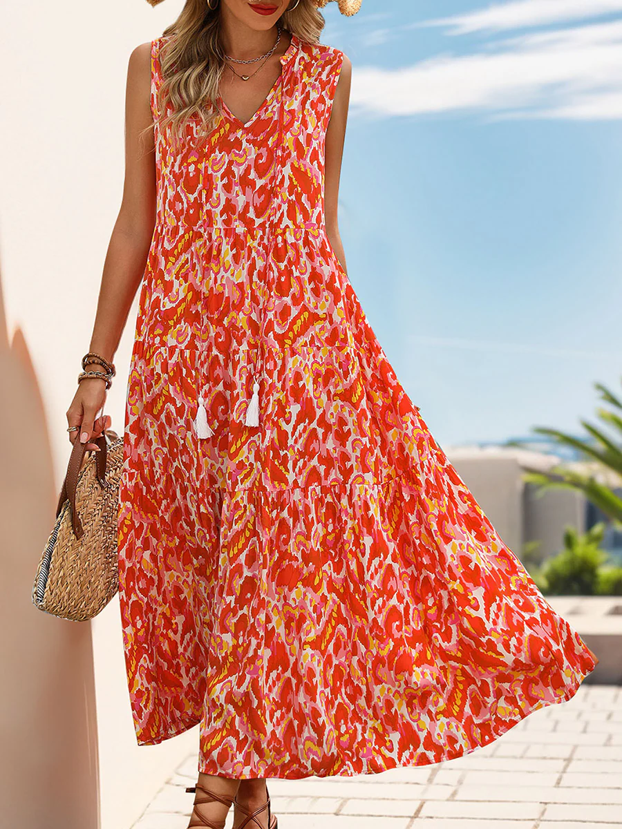 A-Line Loose Contrast Color Printed Split-Joint V-Neck Maxi Dresses - Image 6