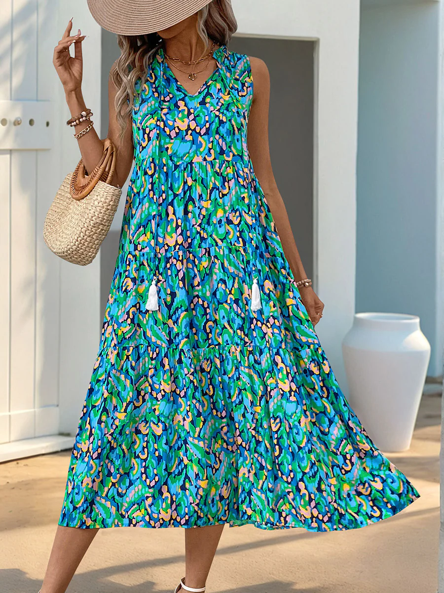A-Line Loose Contrast Color Printed Split-Joint V-Neck Maxi Dresses - Image 8