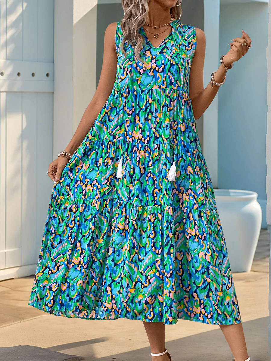 A-Line Loose Contrast Color Printed Split-Joint V-Neck Maxi Dresses - Image 9