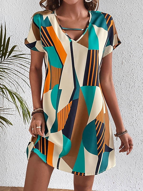 A-Line Loose Contrast Color Printed Zipper V-Neck Mini Dresses - Image 2
