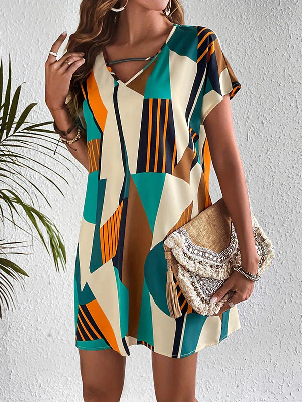 A-Line Loose Contrast Color Printed Zipper V-Neck Mini Dresses - Image 4
