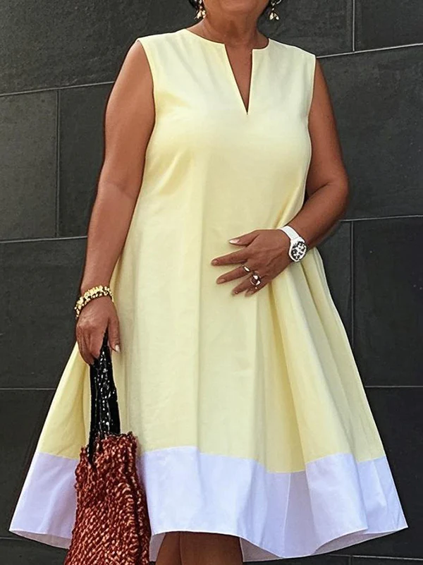 A-Line Loose Contrast Color Pockets V-Neck Midi Dresses - Image 2