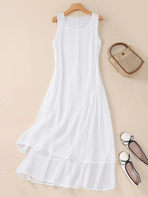 A-Line Loose Double Layered Solid Color Tied Waist Round-Neck Midi Dresses - Image 2