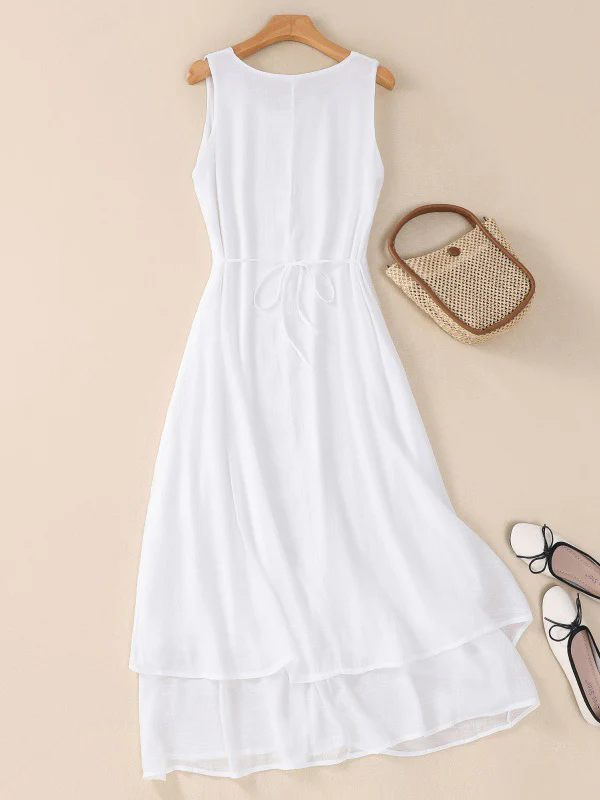 A-Line Loose Double Layered Solid Color Tied Waist Round-Neck Midi Dresses - Image 3