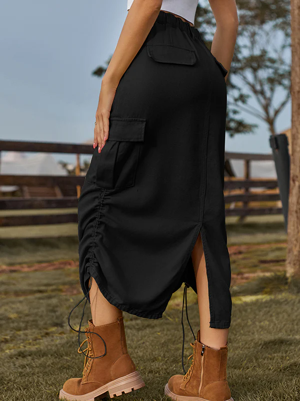 A-Line Loose Drawstring Elasticity Pockets Solid Color Split-Back Skirts Bottoms - Image 5