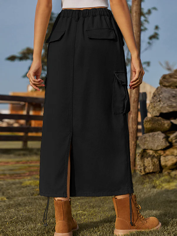 A-Line Loose Drawstring Elasticity Pockets Solid Color Split-Back Skirts Bottoms - Image 6