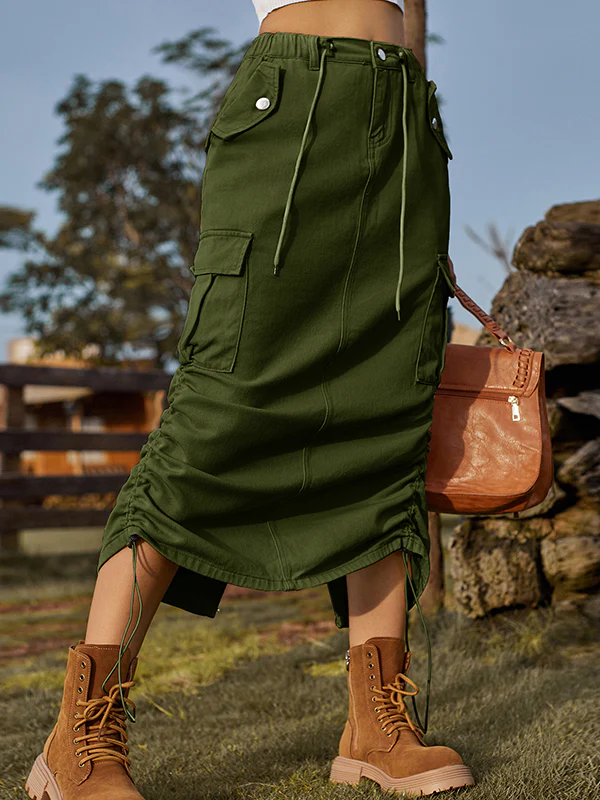 A-Line Loose Drawstring Elasticity Pockets Solid Color Split-Back Skirts Bottoms - Image 7