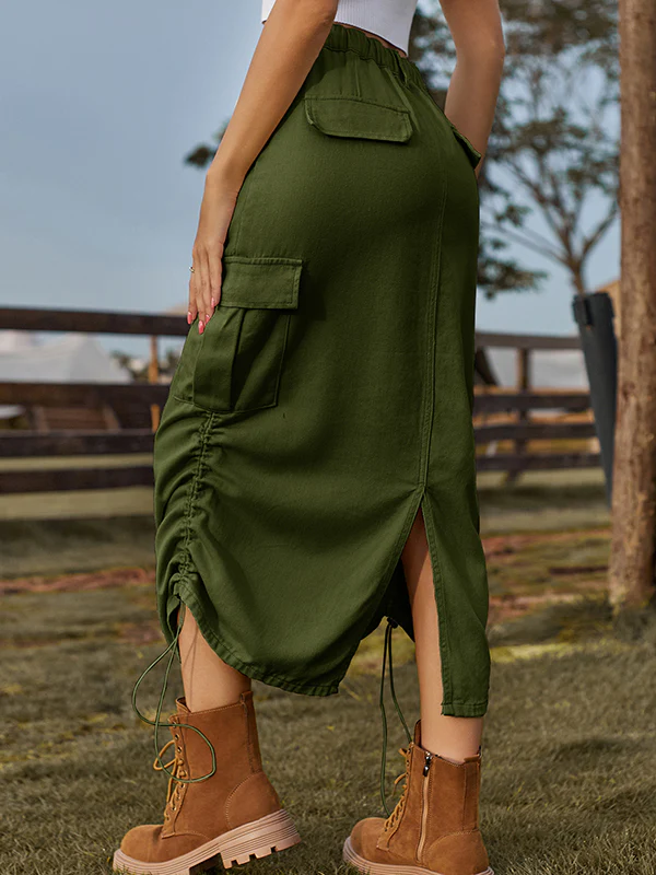 A-Line Loose Drawstring Elasticity Pockets Solid Color Split-Back Skirts Bottoms - Image 8