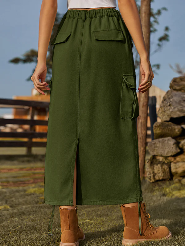 A-Line Loose Drawstring Elasticity Pockets Solid Color Split-Back Skirts Bottoms - Image 9
