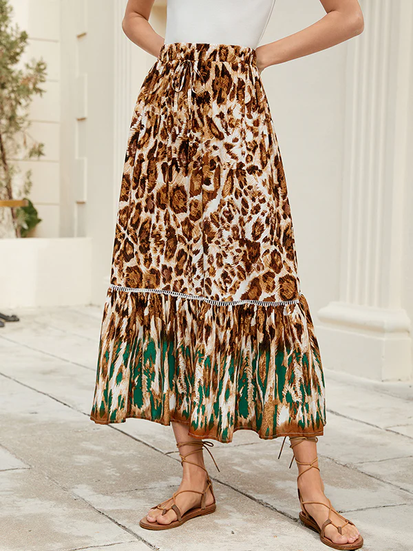 A-Line Loose Drawstring Leopard Split-Joint Skirts Bottoms - Image 2