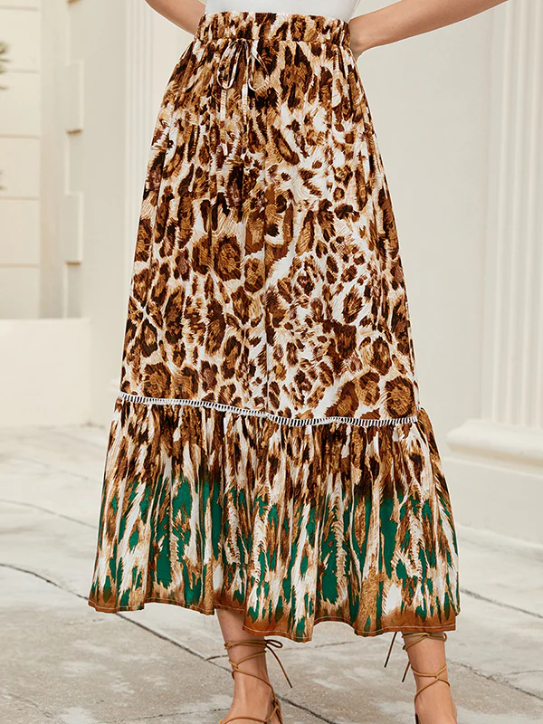 A-Line Loose Drawstring Leopard Split-Joint Skirts Bottoms - Image 4