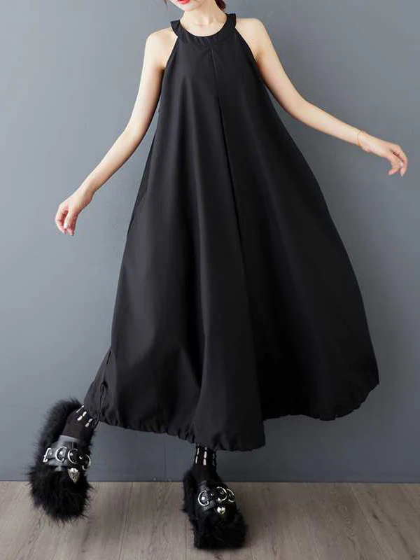 A-Line Loose Drawstring Pleated Pockets Solid Color Zipper Spaghetti-Neck Midi Dresses - Image 2