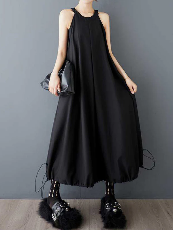 A-Line Loose Drawstring Pleated Pockets Solid Color Zipper Spaghetti-Neck Midi Dresses - Image 3