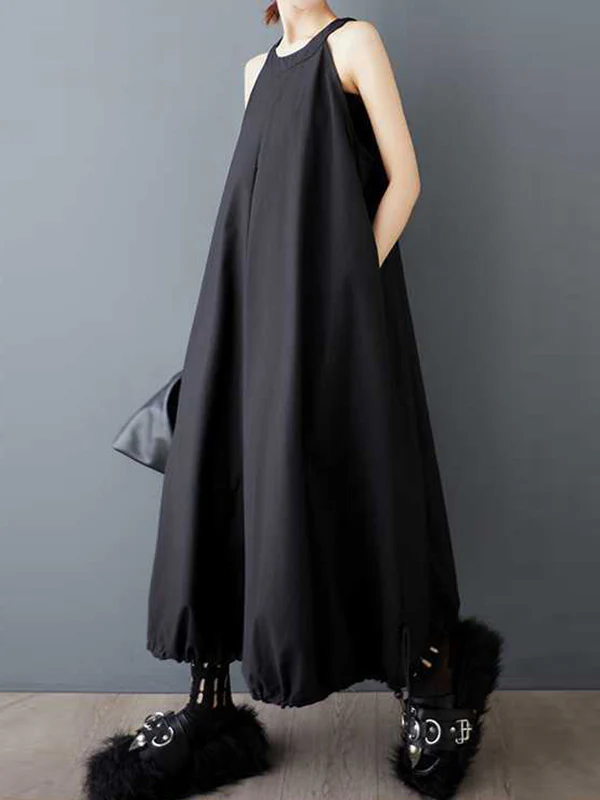 A-Line Loose Drawstring Pleated Pockets Solid Color Zipper Spaghetti-Neck Midi Dresses - Image 4