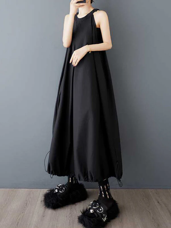 A-Line Loose Drawstring Pleated Pockets Solid Color Zipper Spaghetti-Neck Midi Dresses - Image 5
