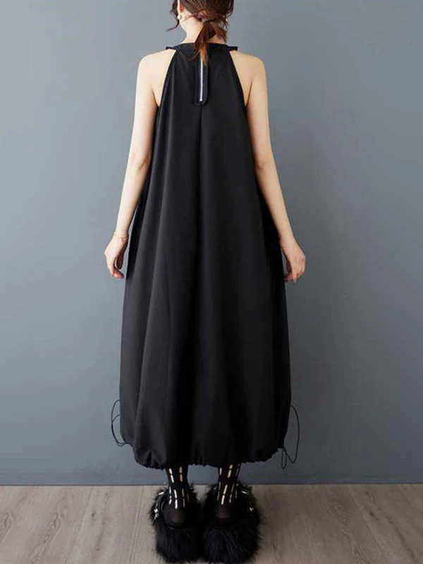 A-Line Loose Drawstring Pleated Pockets Solid Color Zipper Spaghetti-Neck Midi Dresses - Image 6