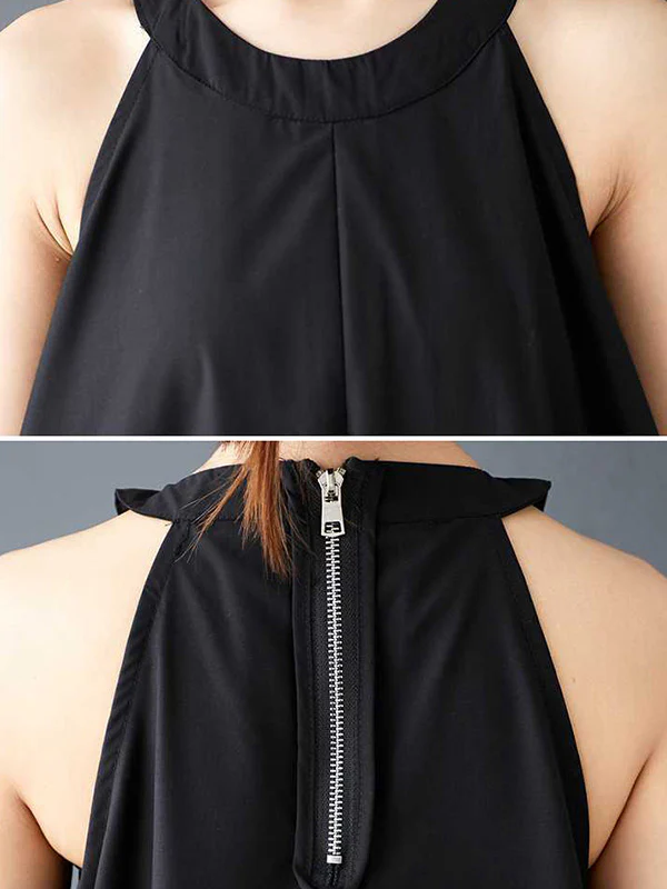 A-Line Loose Drawstring Pleated Pockets Solid Color Zipper Spaghetti-Neck Midi Dresses - Image 7