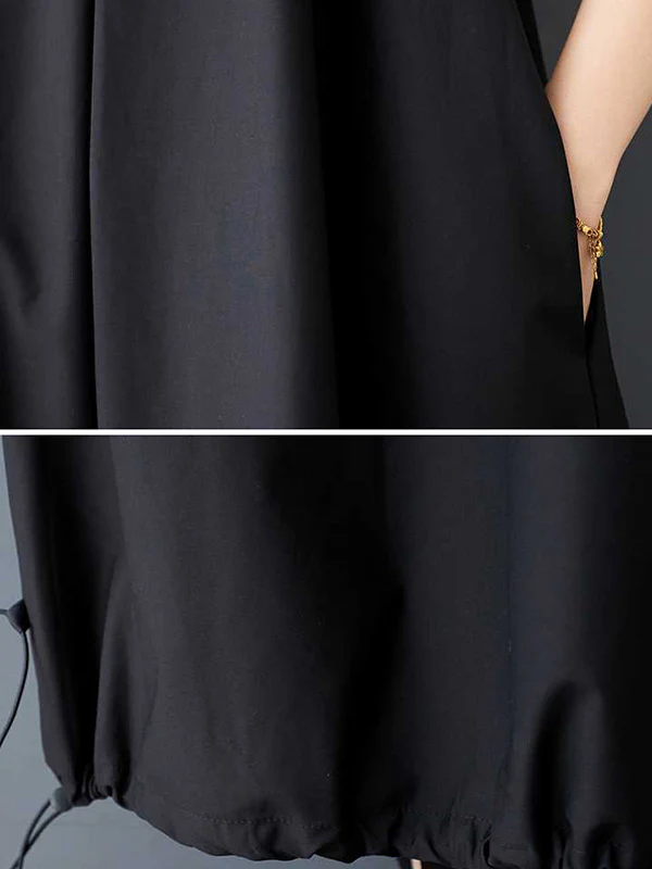 A-Line Loose Drawstring Pleated Pockets Solid Color Zipper Spaghetti-Neck Midi Dresses - Image 8