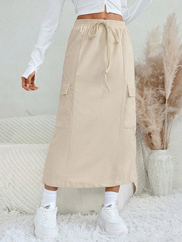 A-Line Loose Drawstring Pockets Solid Color Split-Back Split-Joint Skirts Bottoms - Image 2