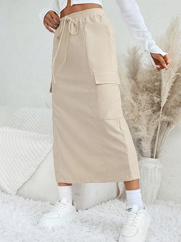 A-Line Loose Drawstring Pockets Solid Color Split-Back Split-Joint Skirts Bottoms - Image 3