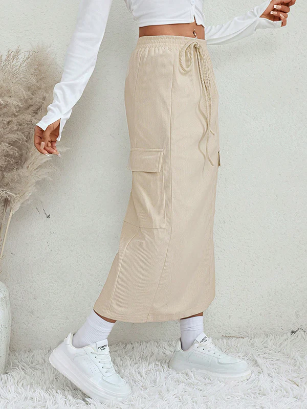 A-Line Loose Drawstring Pockets Solid Color Split-Back Split-Joint Skirts Bottoms - Image 4