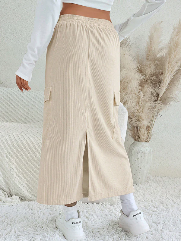 A-Line Loose Drawstring Pockets Solid Color Split-Back Split-Joint Skirts Bottoms - Image 5