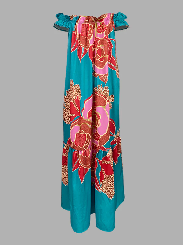 A-Line Loose Elasticity Flower Print Pleated Split-Joint Off-The-Shoulder Maxi Dresses - Image 10