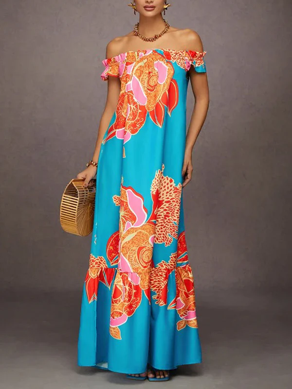 A-Line Loose Elasticity Flower Print Pleated Split-Joint Off-The-Shoulder Maxi Dresses - Image 2