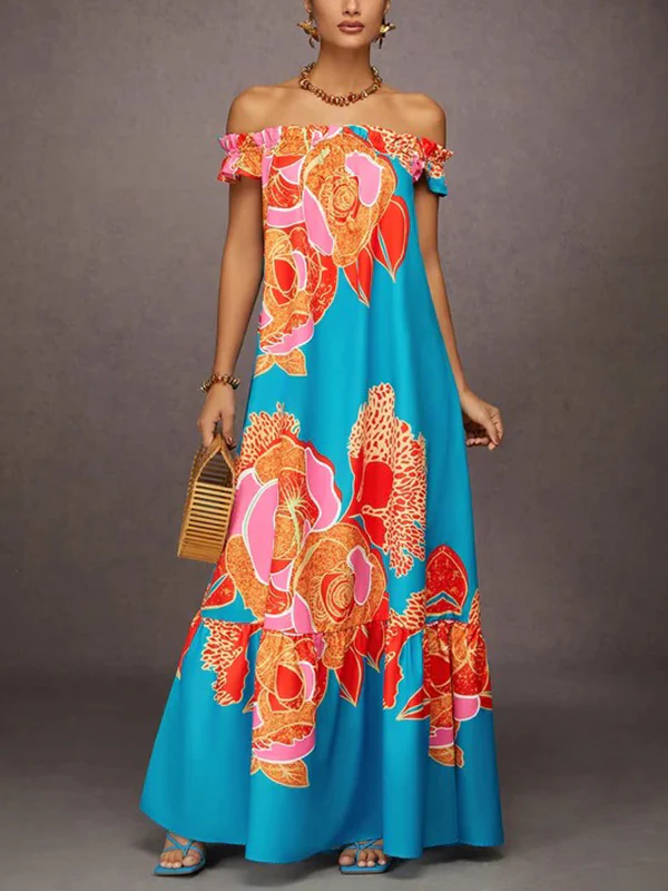 A-Line Loose Elasticity Flower Print Pleated Split-Joint Off-The-Shoulder Maxi Dresses - Image 3
