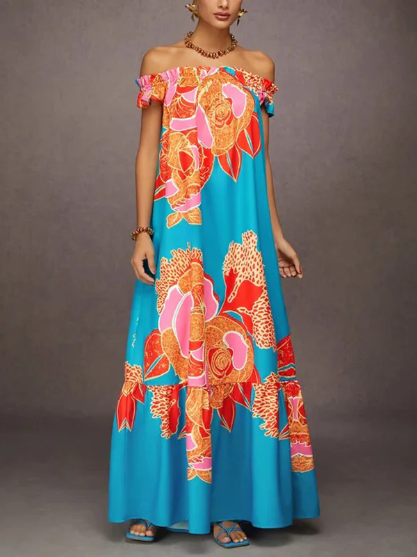 A-Line Loose Elasticity Flower Print Pleated Split-Joint Off-The-Shoulder Maxi Dresses - Image 4