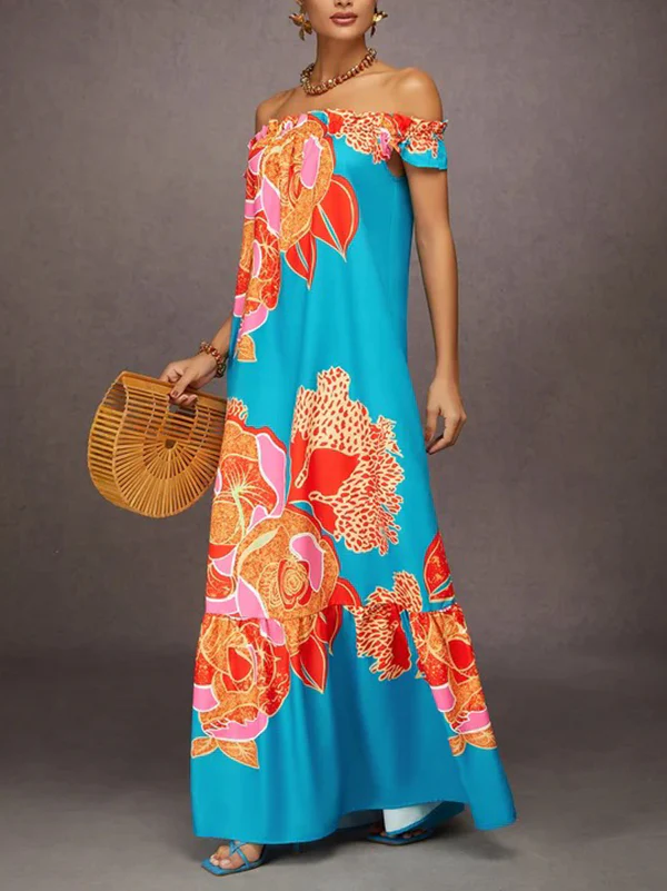 A-Line Loose Elasticity Flower Print Pleated Split-Joint Off-The-Shoulder Maxi Dresses - Image 5