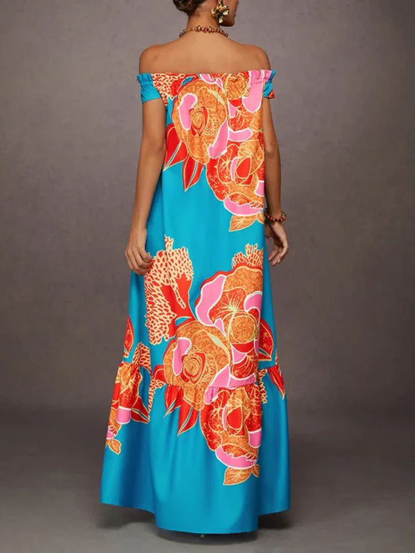 A-Line Loose Elasticity Flower Print Pleated Split-Joint Off-The-Shoulder Maxi Dresses - Image 6