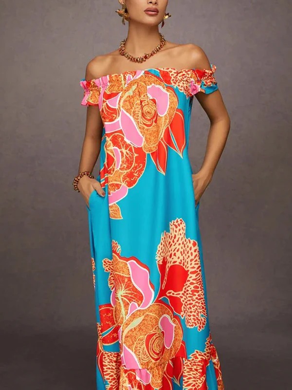 A-Line Loose Elasticity Flower Print Pleated Split-Joint Off-The-Shoulder Maxi Dresses - Image 7